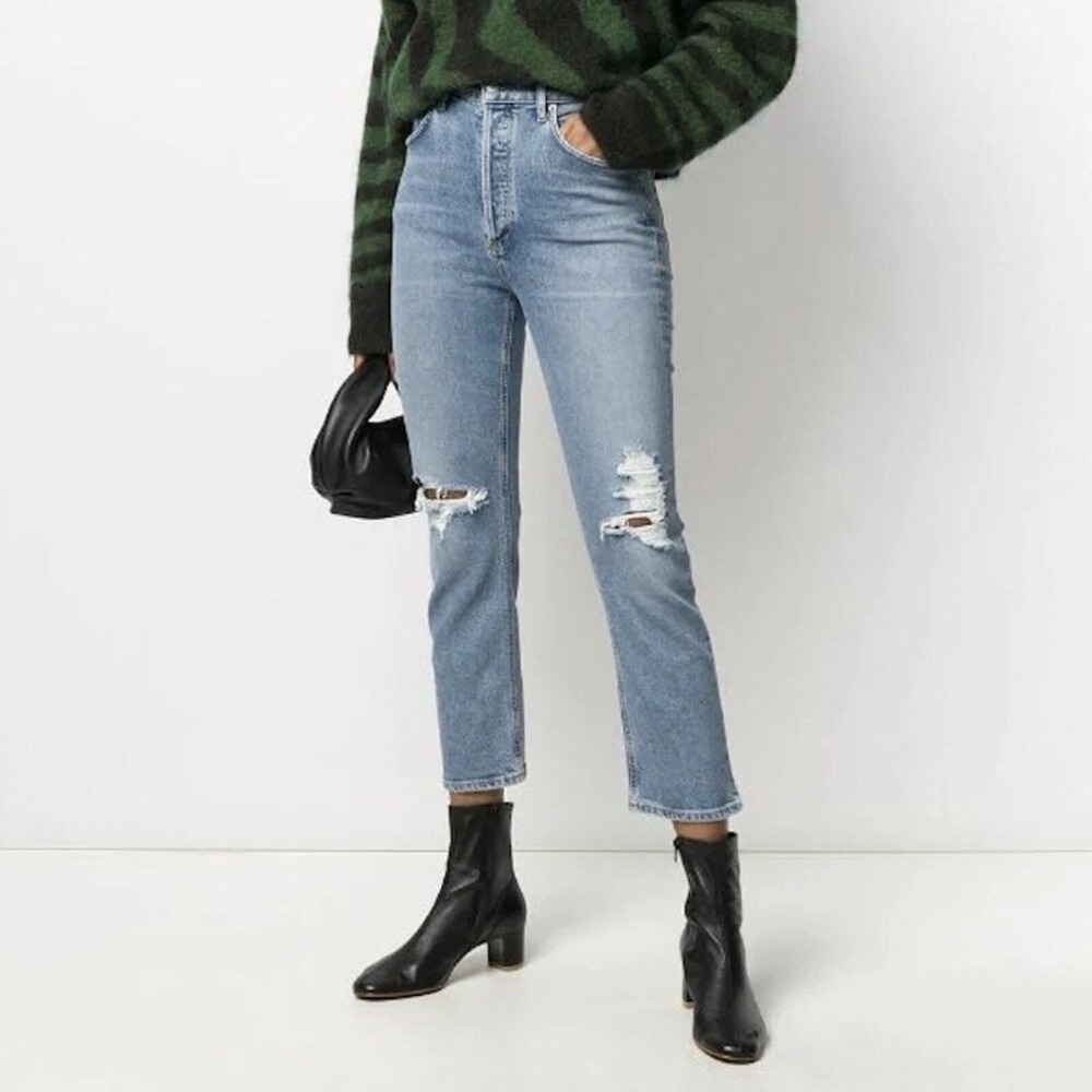 AGOLDE Riley High Rise Straight Crop Jean 24 Distressed Knees Button Fly Casual‎